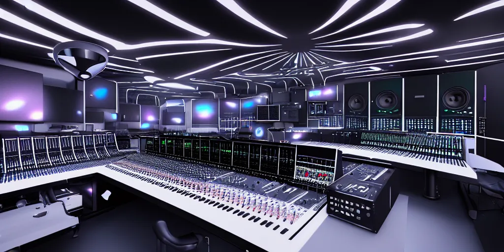 Image similar to futuristic music studio full of mixers, stands and speakers, synthesizer racks, futuristic chairs, led stripes, illuminated knobs, illuminated faders, intricate insanely detailed octane render, 8K artistic photography, ultra photorealistic