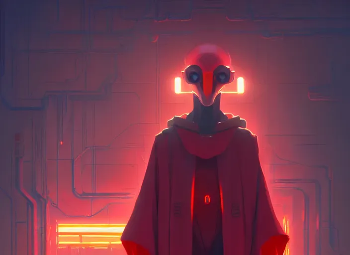 Image similar to cyberpunk mallard duck wearing red cultist robe, details, futuristic, epic, sacrificial altar, landscape illustration concept art anime key visual trending pixiv fanbox by wlop and greg rutkowski and makoto shinkai and studio ghibli and kyoto animation symmetrical facial features