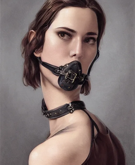 Image similar to a highly detailed portrait, intricate leather suspenders, leather collar and chain, honey birdette, realistic portrait, deep focus, matte, digital painting, artstation, concept art, smooth, sharp focus, cinematic lighting, art by artgerm and greg rutkowski and alphonse mucha, araki nobuyoshi, anders petersen