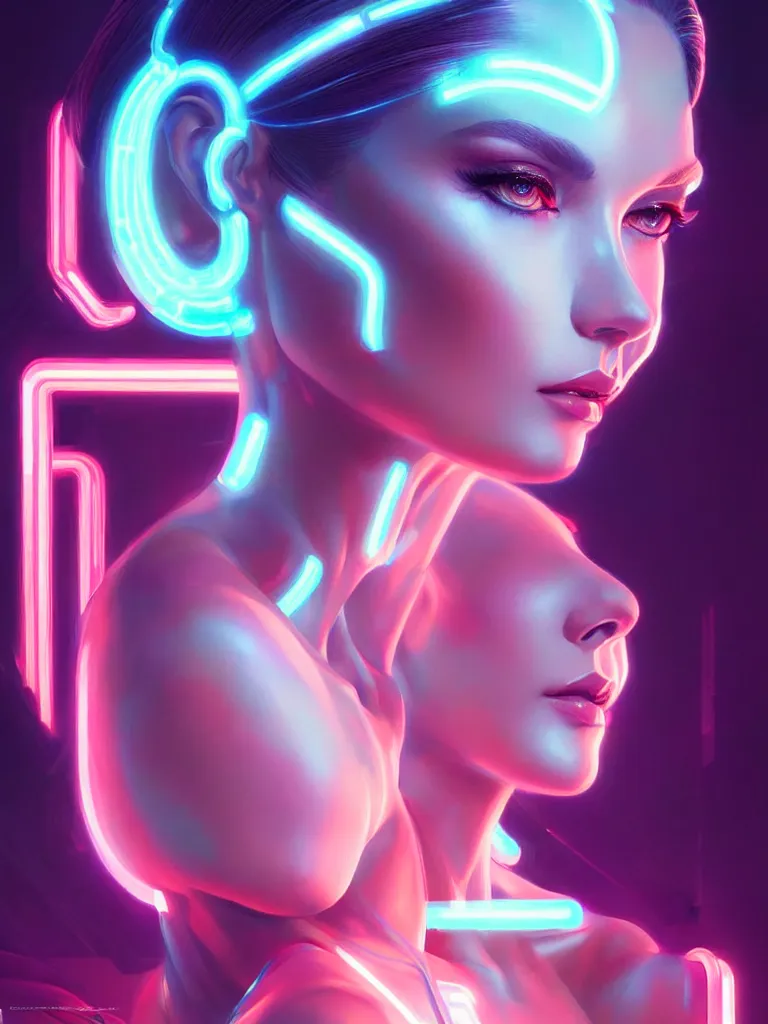 Image similar to portrait of female humanoid from 6 0 s era, intricate, elegant, cyber neon lights, highly detailed, digital painting, artstation, glamor pose, concept art, smooth, sharp focus, illustration, art by artgerm and greg rutkowski