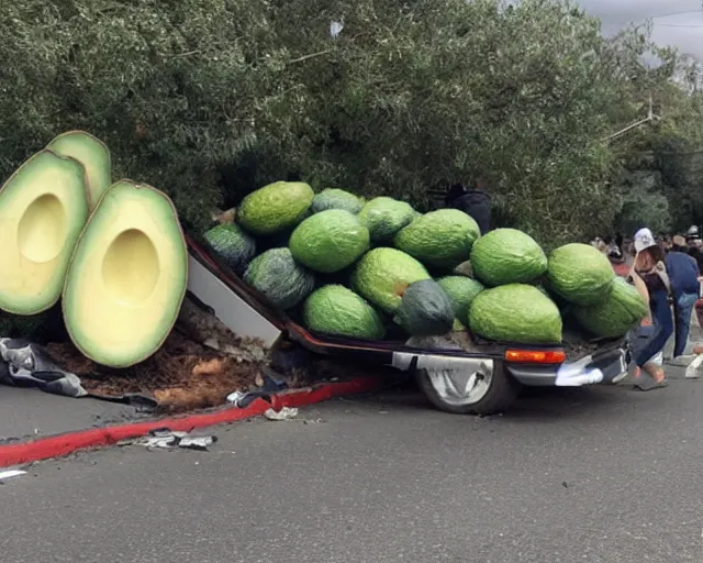 Image similar to picture of an overturned avocado truck, tons of avocados on the road that people are walking and picking up