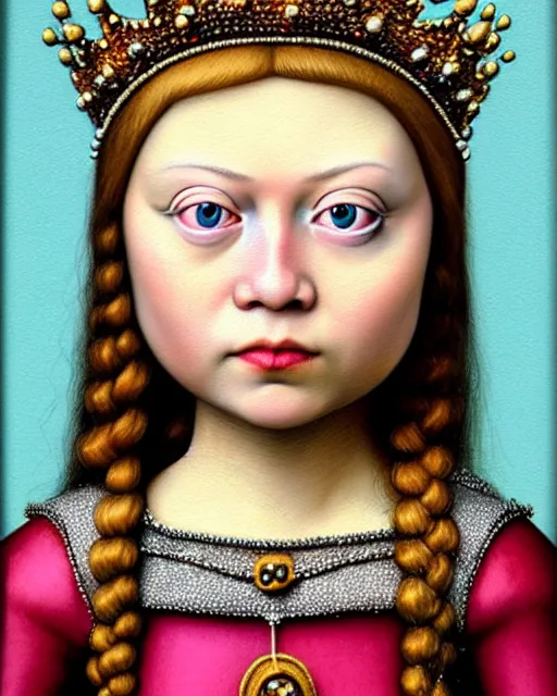 Prompt: closeup medieval jan van eyck face portrait of tin toy greta thunberg as a fairytale princess wearing a crown eating cakes in the castle, bikini, hyper realistic, artstation, illustration, nicoletta ceccoli, mark ryden, lostfish, max fleischer, digital paint, matte paint, vivid colors, bright, cheerful, detailed and intricate environment