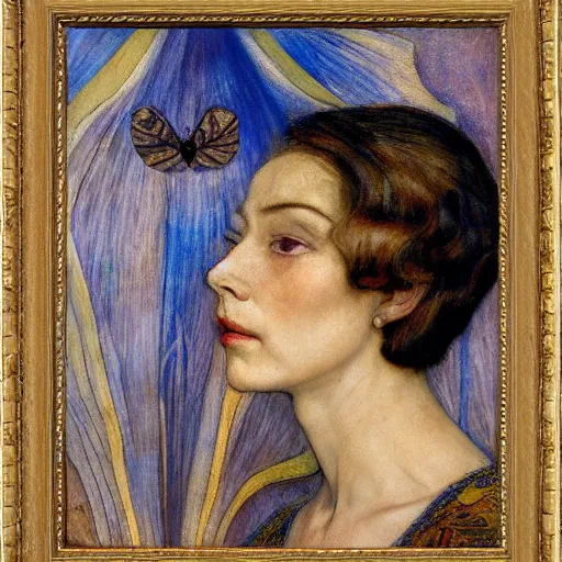 Prompt: the queen in her moth mask, by Annie Swynnerton and Diego Rivera, in profile, symbolist, dramatic lighting, elaborate geometric ornament, Art Brut ,god rays, soft cool colors,smooth, sharp focus, extremely detailed, Adolf Wölfli