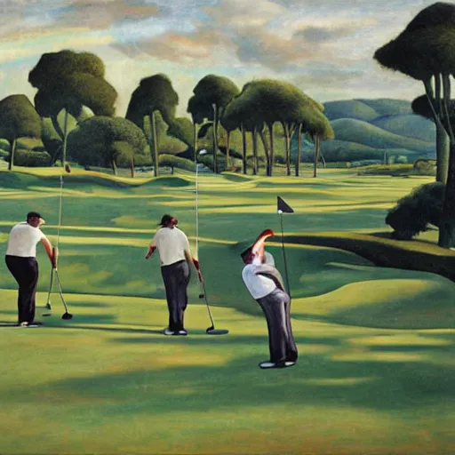 Image similar to Three golfers on a beautiful golf course driving range, by Diego Rivera