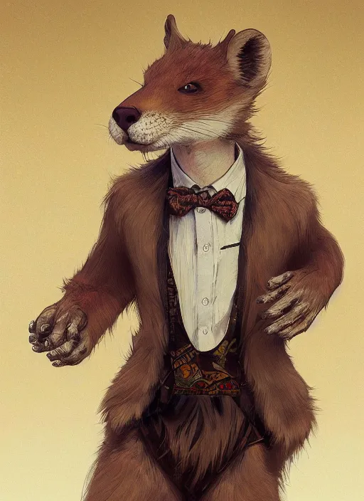 Image similar to Character portrait of a happy furry anthro weasel wearing a bowtie in the desert wilderness, intricate, elegant, highly detailed, digital painting, artstation, concept art, smooth, sharp focus, illustration, art by Krenz Cushart and Artem Demura and alphonse mucha