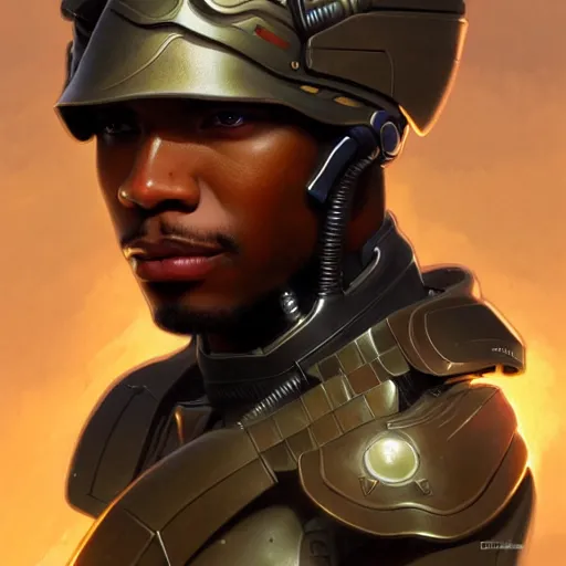 Image similar to ultra realistic illustration, a african american male cyborg soldier, intricate, elegant, highly detailed, digital painting, artstation, concept art, smooth, sharp focus, illustration, art by artgerm and greg rutkowski and alphonse mucha