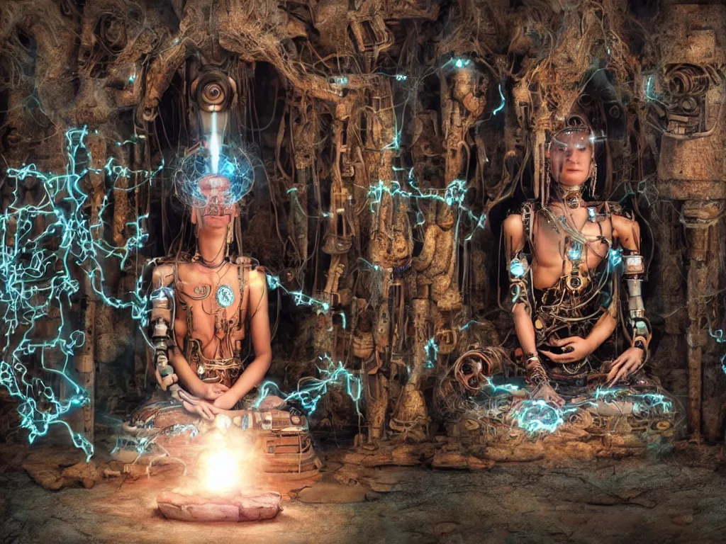 Image similar to an ancient mystical female shaman meditating in a cybernetic robot temple