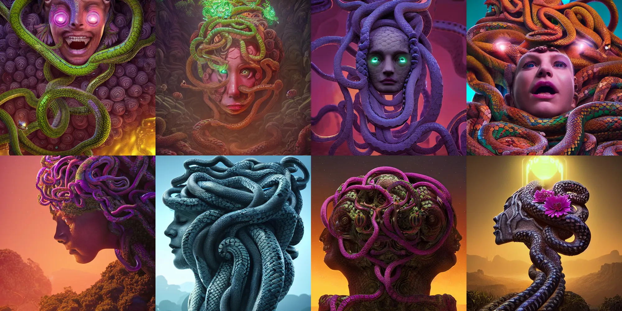 Image similar to medusa gorgon gaze head, highly detailed snakes, beautiful flowers, beautiful dark landscape, in the style of beeple and mike winkelmann, intricate, epic lighting, cinematic composition, hyper realistic, 8 k resolution, unreal engine 5, raytracing, ultraviolet colors,