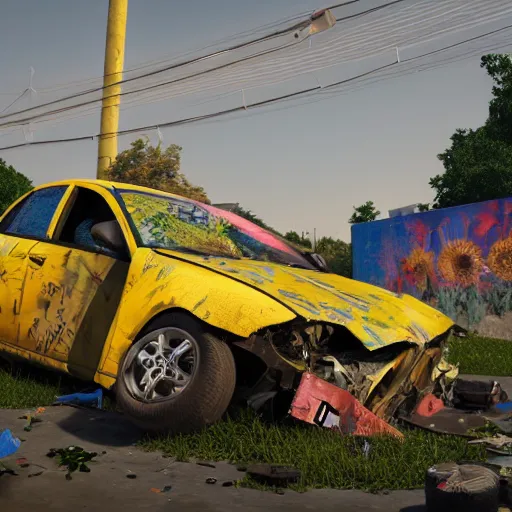 Image similar to car wreckage with ukrainian flag, with graffiti of sunflowers, rusty, volumetric illumination, octane render, cinematic lightning, artstation trending, 8 k