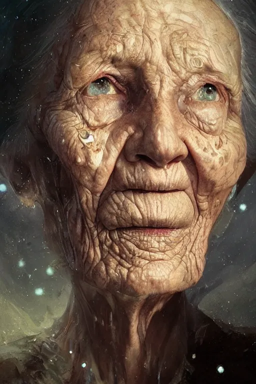 Image similar to the look of an elderly person 4 1 6 0 full of wrinkles and imperfections by artgem and greg rutkowski, highly detailed, high contrast, light reflection, trippy, nebula, trending on artstation