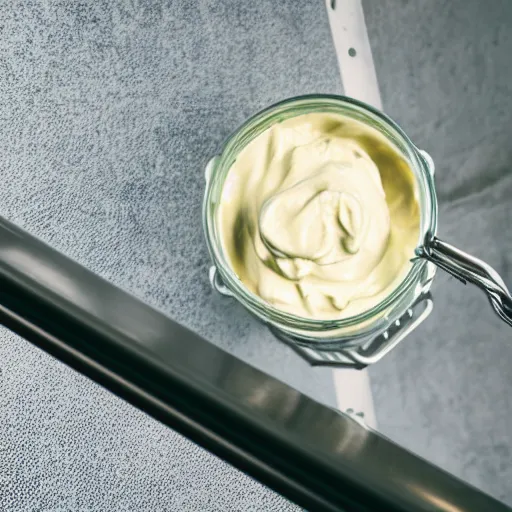 Prompt: a jar of mayonnaise on an escalator, close - up, photorealistic, 8 k