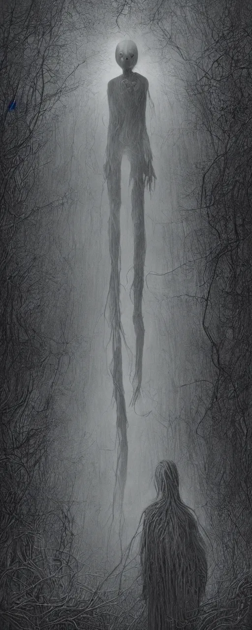Prompt: a creepy portrait of slenderman. forest. night. character design by miles johnston, stephen gammell, gustave dore and zdzisław beksinski. volumetric light, detailed, rendered in octane