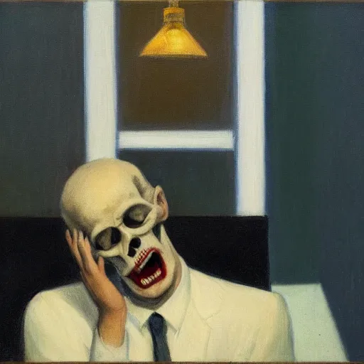 Image similar to a crying man who is screaming, his head is a skull, he wears a suit, in the style of Edward Hopper, 4k,