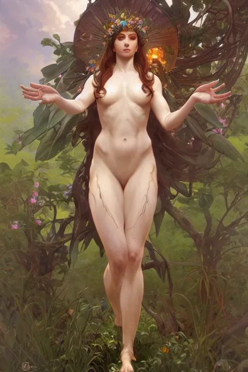 Prompt: goddess of nature, accurate anatomy, only two hands, highly detailed, digital painting, artstation, concept art, smooth, sharp focus, illustration, Unreal Engine 5, 8K, art by artgerm and greg rutkowski and Alphonse Mucha