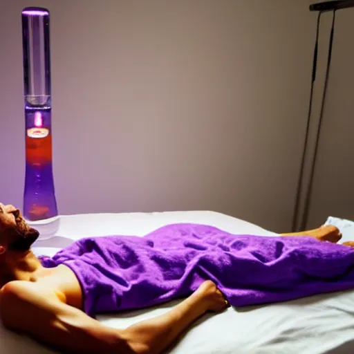 Image similar to extremely skinny man with purple skin lying on hospital bed in dim room with lava lamp on the bedside corner illuminating