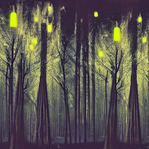 Prompt: forest at night with floating lights surrealist collage