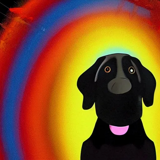 Image similar to adorable cartoon black lab chasing a hotdog across a rainbow bridge, by pixar