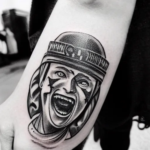 Image similar to black and white photorealistic photo of russian prison tattoos, russian criminal tattoos, nakolki