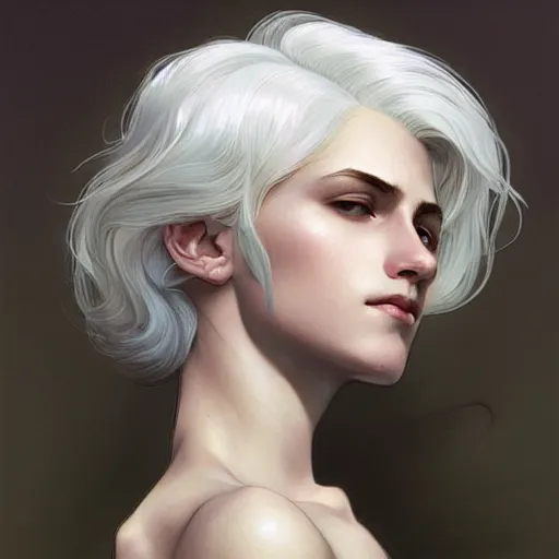 Image similar to young boy, white hair, gorgeous, amazing, feminine, elegant, intricate, highly detailed, digital painting, artstation, concept art, sharp focus, illustration, art by artgerm and greg rutkowski and alphonse mucha