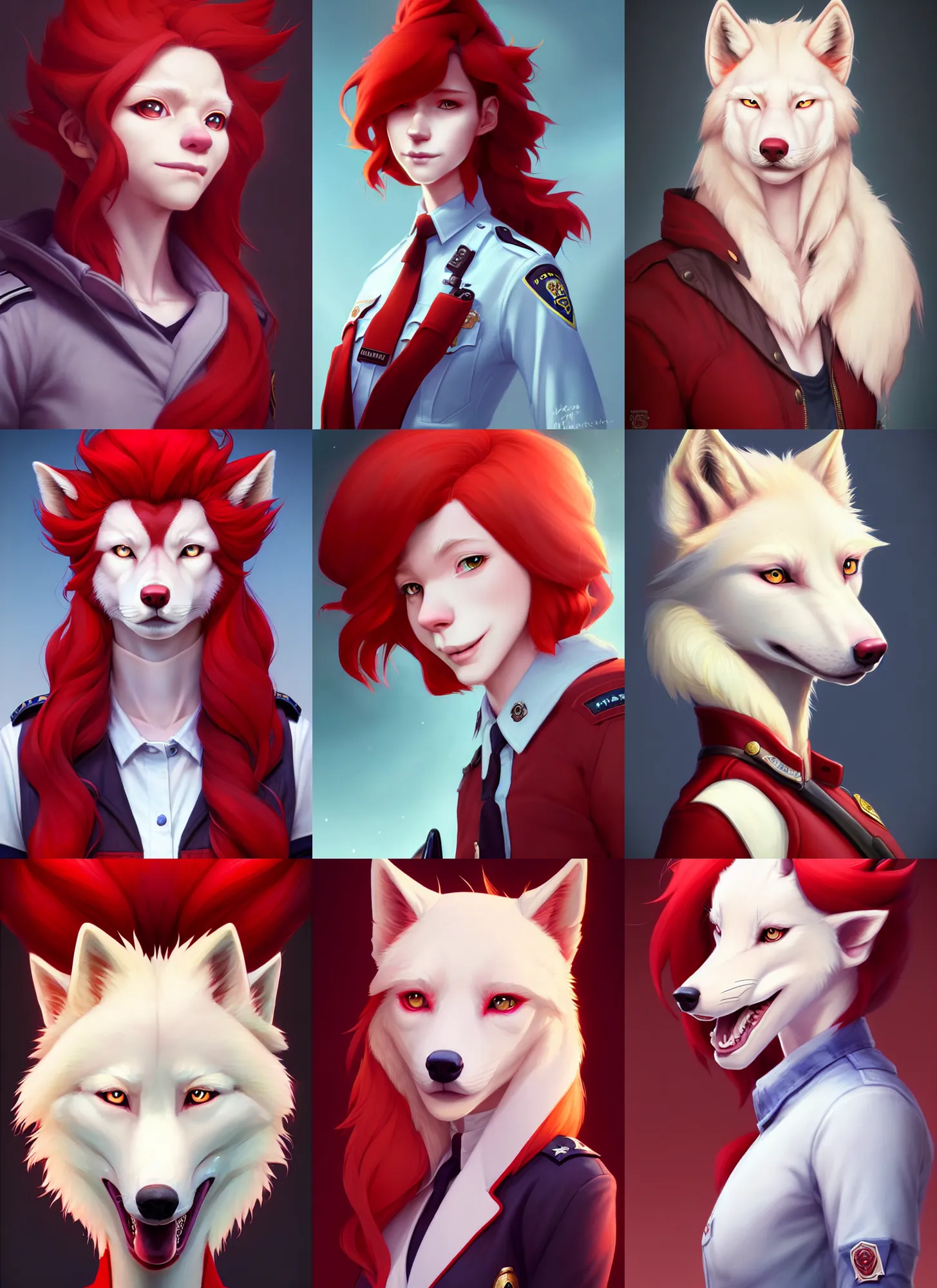 Prompt: beautiful portrait of a female anthropomorphic albino wolf fursona police officer wearing red hair. character design by disney, charlie bowater, ross tran, artgerm, and makoto shinkai, detailed, soft lighting, rendered in octane