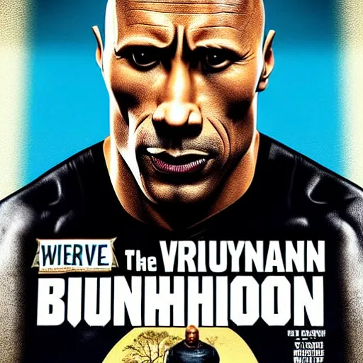 Prompt: dwayne the rock johnson eating a burherGTA V cover art by stephen bliss