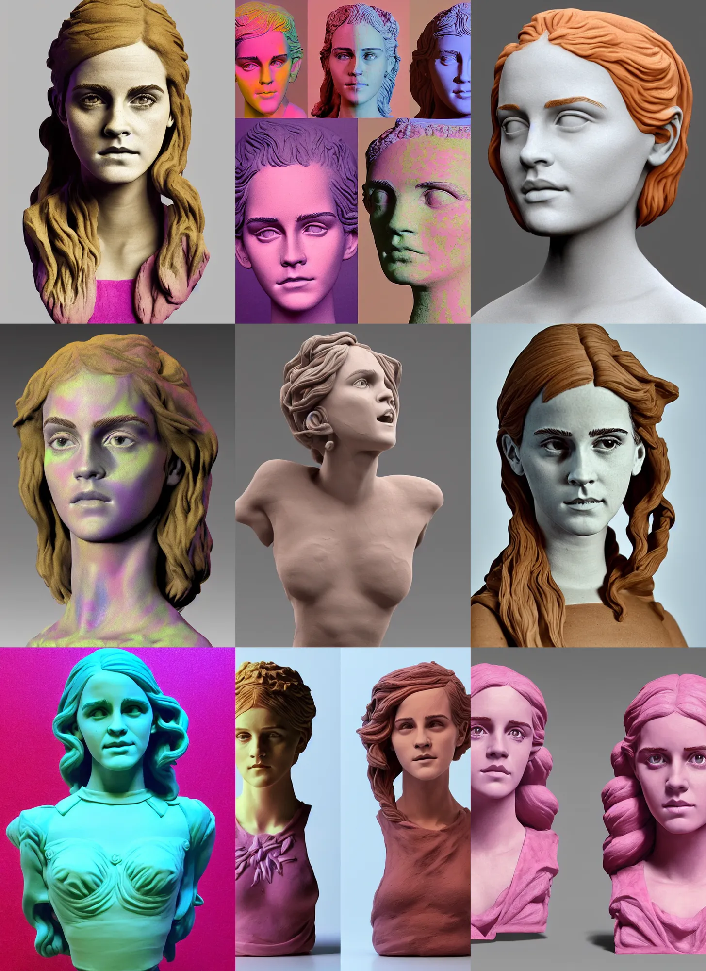Prompt: 3d print clay crafting of Emma Watson by Jean-Baptiste Carpeaux and Luo Li Rong and Michael James Talbot, all body, very emotional screaming expressions, perfect symmetrical face, colorful, psychedelic psychedelic psychedelic psychedelic acid colors, retrowave ((synthwave)), in full growth, elegant, realistic, 8K, female full-skin figure, hyperrealism, subsurface scattering, raytracing, rim light, Octane Render, Redshift, Zbrush, complex psychedelic glitch background