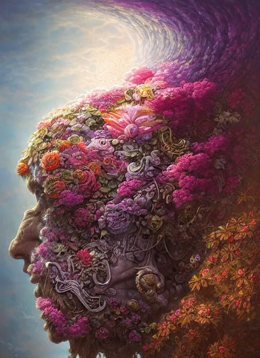 Image similar to helmet of a forgotten deity made of flowers, in the style of tomasz alen kopera and fenghua zhong and peter mohrbacher, mystical colors, rim light, beautiful lighting, 8 k, stunning scene, raytracing, octane, trending on artstation