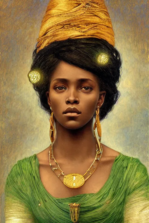 Image similar to Portrait of a Beautiful African female, sad green eyes, beautiful skin, elegant, jewellery, digital painting, Pre-Raphaelites, highly detailed, concept art, cinematic lighting, smooth, sharp focus, gold and indigo, illustration, art by Klimt and Alphonse Mucha.