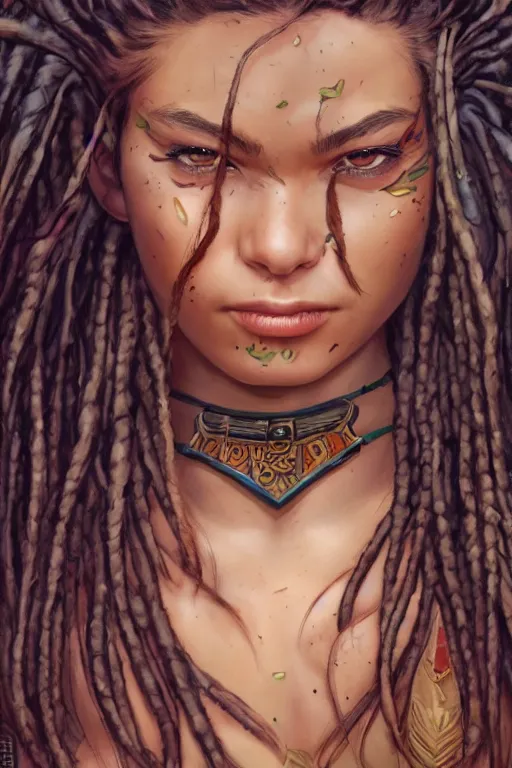 Image similar to fantasy comic book style portrait of a gorgeous teen model with dreadlocks who looks like miranda cosgrove and has a samurai tattoo, hyper realistic, illustration, trending on artstation, HD, 4k, 8k, intricate detailed anatomy, character design, by james gurney and tom bagshaw