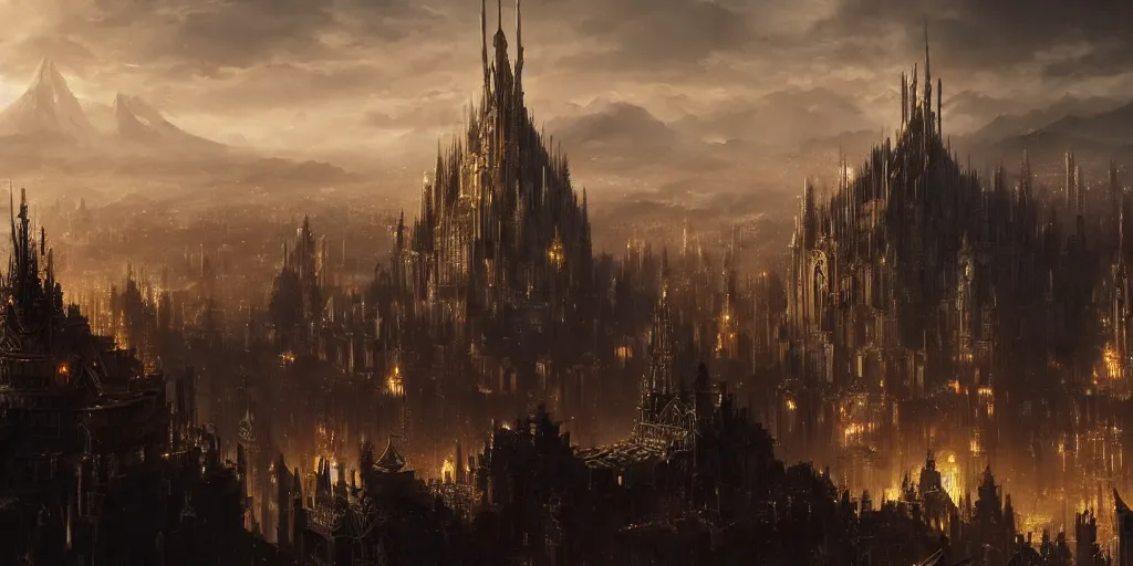 Prompt: majestic epic elven city made of gold, high towers. In style of Yoji Shinkawa and Hyung-tae Kim, trending on ArtStation, Greg Rutkowski, dark fantasy, great composition, concept art, highly detailed, scenery, 8K.