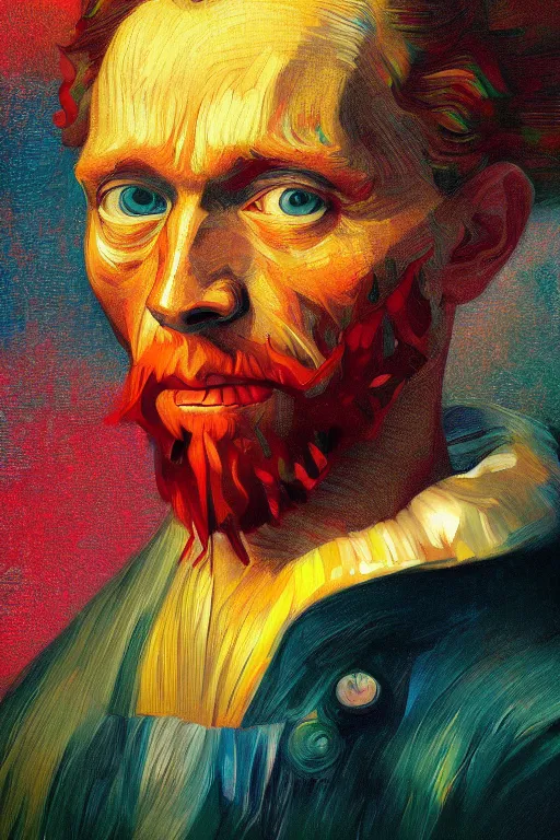 Prompt: portrait of van goh with colorful fower, vibrant, staring directly into camera, symmetrical face, intricate, elegant, glowing lights, highly detailed, digital painting, artstation, sharp focus, illustration, art by wlop, mars ravelo and greg rutkowski