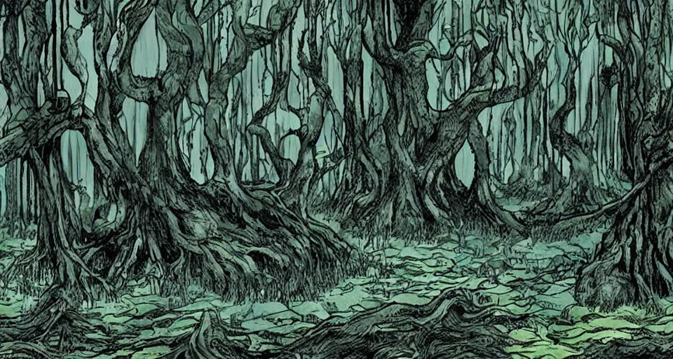 Image similar to A dense and dark enchanted forest with a swamp, from Berserk