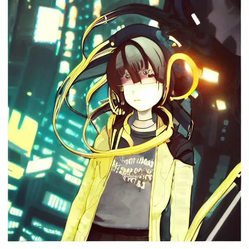 Image similar to Frequency indie album cover, luxury advertisement, yellow filter. Clean and detailed post-cyberpunk sci-fi close-up schoolgirl in asian city in style of cytus and deemo, blue flame, relaxing, calm and mysterious vibes, by Tsutomu Nihei, by Yoshitoshi ABe, by Ilya Kuvshinov, by Greg Tocchini, nier:automata, set in half-life 2, Matrix, GITS, Blade Runner, Neotokyo Source, Syndicate(2012), dynamic composition, beautiful with eerie vibes, very inspirational, very stylish, with gradients, surrealistic, dystopia, postapocalyptic vibes, depth of field, mist, rich cinematic atmosphere, perfect digital art, mystical journey in strange world, beautiful dramatic dark moody tones and studio lighting, shadows, bastion game, arthouse