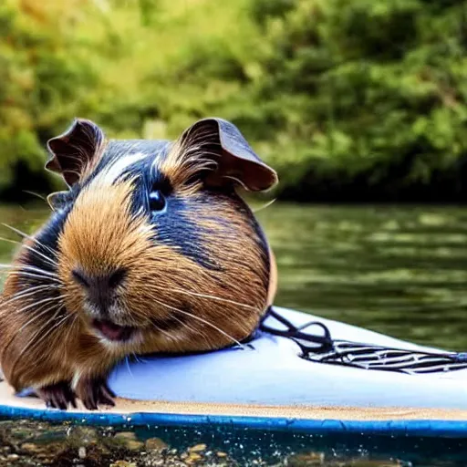 Image similar to a guinea pig sitting on a kayak on a calm stream