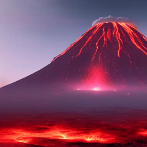 Image similar to matte painting of an erupting volcano surrounded by a sea of red glowing in the night, wise angle