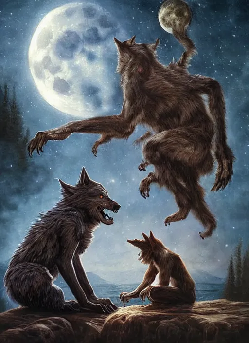 Prompt: a realistic painting of a werewolf at night sitting next to a human child in front of full moon, fantasy art, matte painting, highly detailed