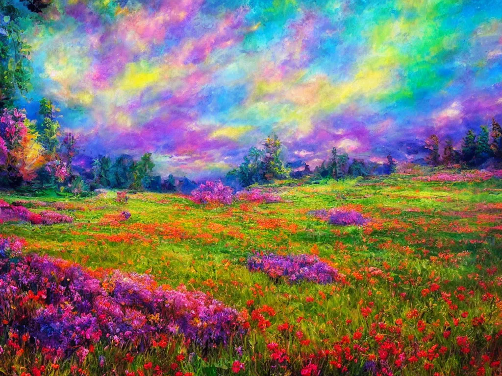 Image similar to an impressionist painting of a gorgeous meadow filled with colorful mushrooms with a stream flowing through it, psychedelic colors, colorful sky in background, high detail, trending on artstation