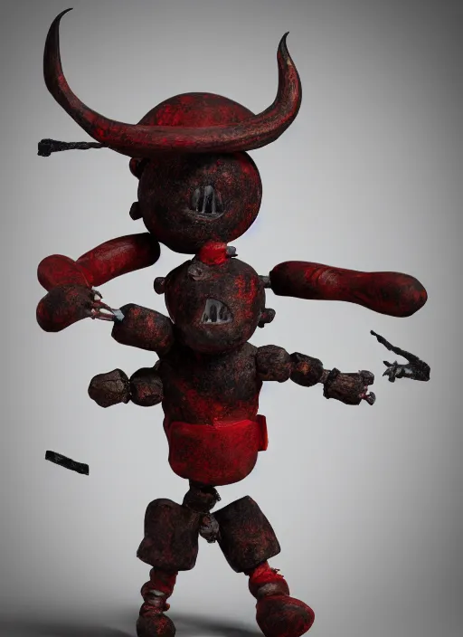 Prompt: an octane render of a voodoo doll, ritualistic, made of painted wood, leather, minimal statuette of a demon, volumetric lighting, beautiful design, hd render,