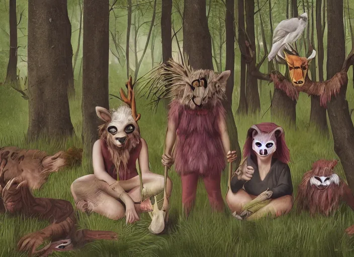 Image similar to forest pagan ritual with people with animal masks by andrews, esao, digital art