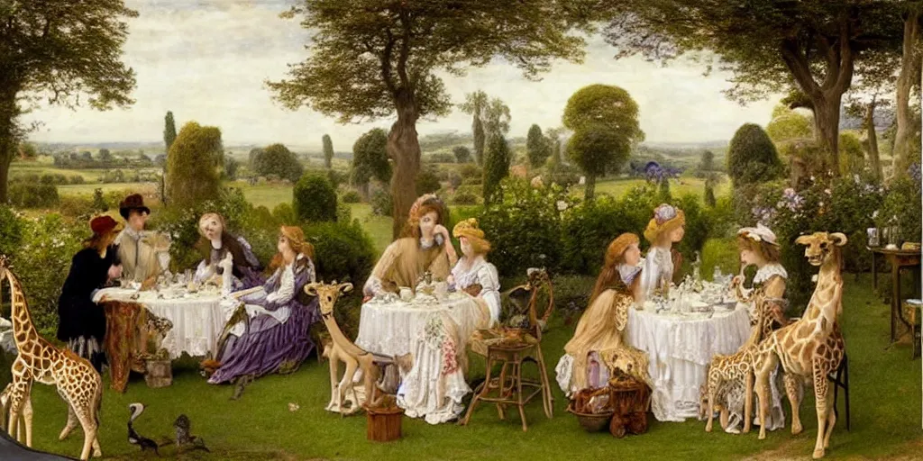 Prompt: elegant victorian tea party with giraffes in an english summer garden patio, pre - raphaelite - h 7 6 8