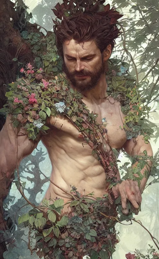 Image similar to god of the forest, 3 0 years old, rugged, male, gorgeous, detailed face, amazing, thighs!!!!!!, flowers, muscular, intricate, highly detailed, digital painting, artstation, concept art, sharp focus, illustration, art by greg rutkowski and alphonse mucha