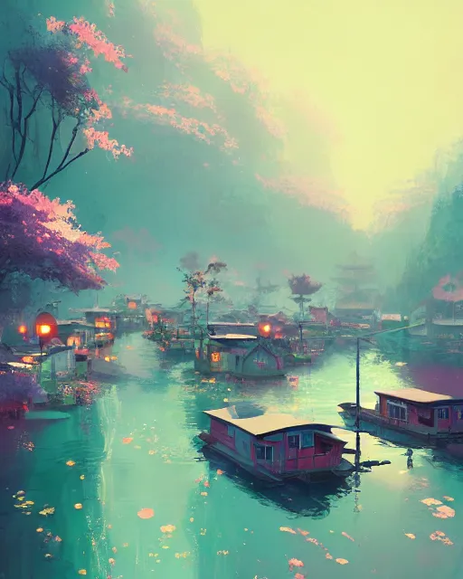Prompt: a village of houseboats on the river | cherry - blossoms | highly detailed | very intricate | serene romantic fantasy whimsical magical | professional cinematic lighting | bokeh | dusk | studio ghibli | award - winning | matte painting by anton fadeev and paul lehr and rhads and alena aenami | pastel color palette | featured on artstation