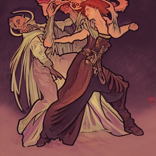 Image similar to a necromancer fighting another warlock with magic, epic , Grim fantasy, illustration , concept art, Alphonse Mucha style,