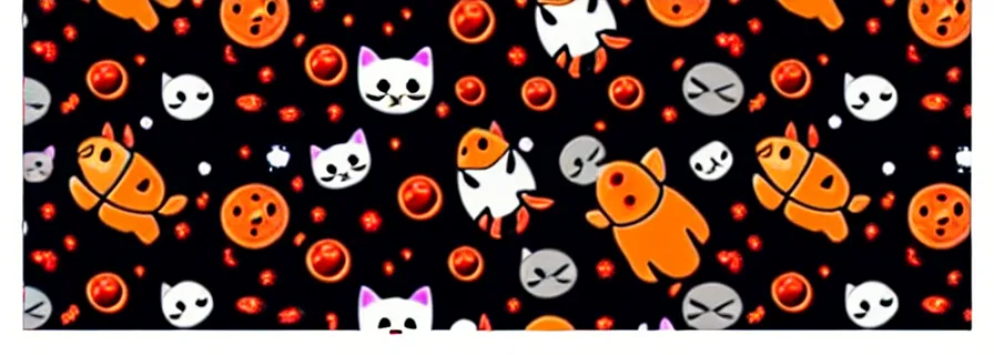 Image similar to pattern with cats in astronaut suits and fish figures, mild colors, black background, blood drops splashed on canvas