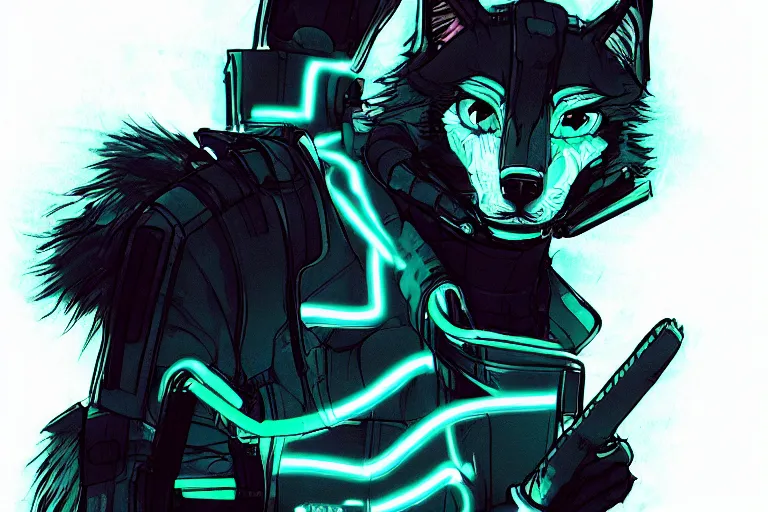 Image similar to a cyberpunk anthropomorphic wolf with a fluffy tail, comic art, trending on furaffinity, cartoon, kawaii, backlighting, furry art!!!, neon, concept art