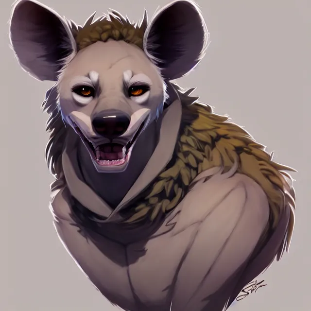Image similar to character concept art of a male anthropomorphic furry hyena | | cute - fine - face, pretty face, key visual, realistic shaded perfect face, fine details by stanley artgerm lau, wlop, rossdraws, james jean, andrei riabovitchev, marc simonetti, and sakimichan, trending on artstation