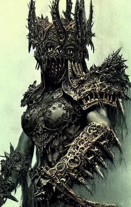 Image similar to hades in hellish ornamented armor, wearing hellish spiky war helm, beksinski, hercules concept art, weta workshop concept art