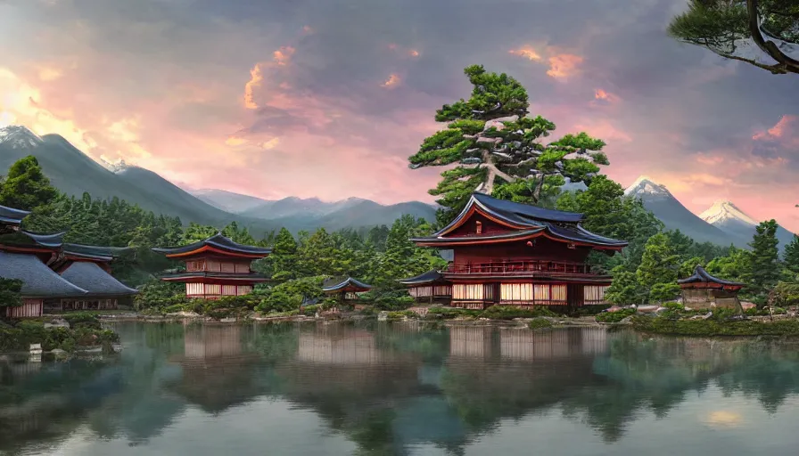 Image similar to japanese village built around a lake with forest at the foot of green gigntic mountains at sunset, fireplace, hyperdetailed, artstation, cgsociety, 8 k