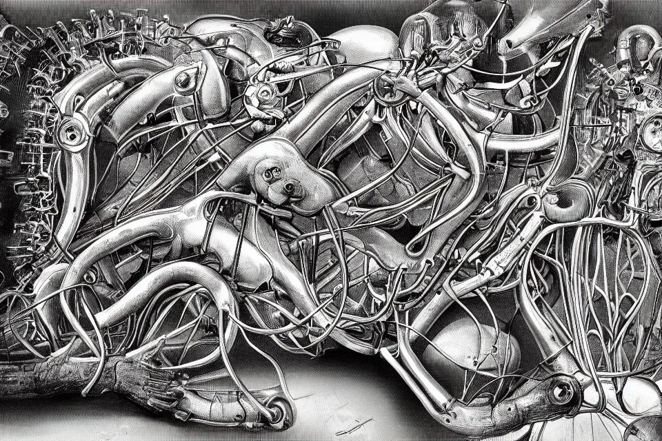 Prompt: An vintage anatomical drawing of Animal biology combined with a mechanical machine, detail digital art.