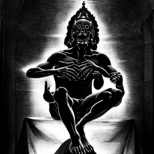 Prompt: highly detailed dark god sit on the tron, night, death, fear, horror, religion, monochrome, caravaggio, hyperrealism, detailed and intricate environment